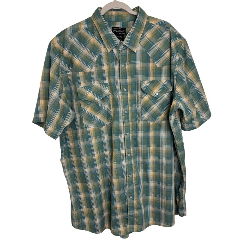 High Noon Western Shirt Mens 2XL Plaid Green Blue Tan Pearl Snap Short Sleeve